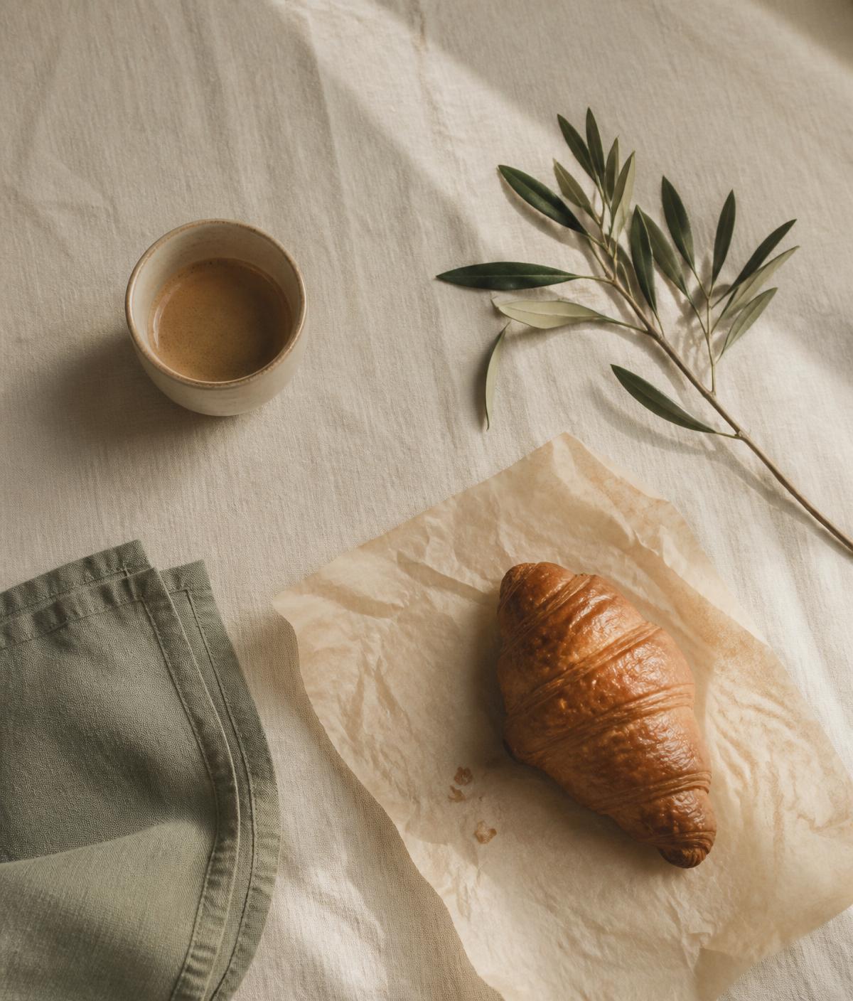 Espresso, croissant and olive branch flatlay