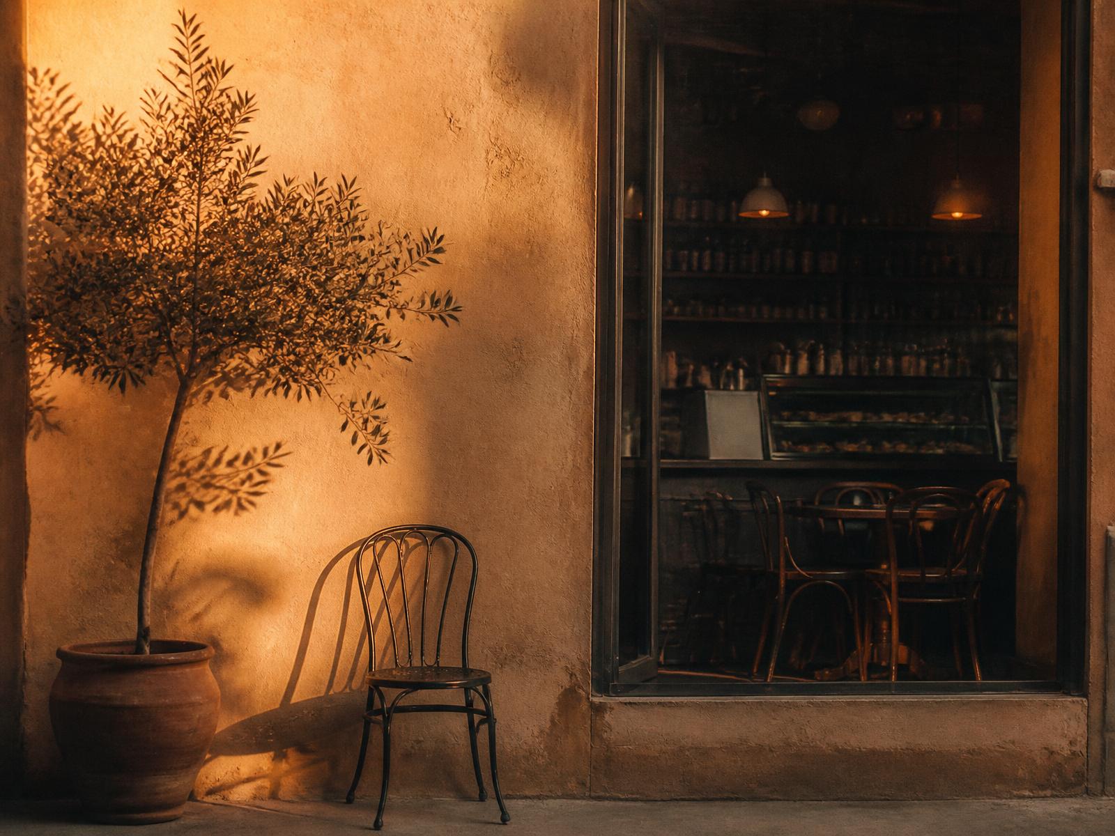 Warm café storefront at golden hour